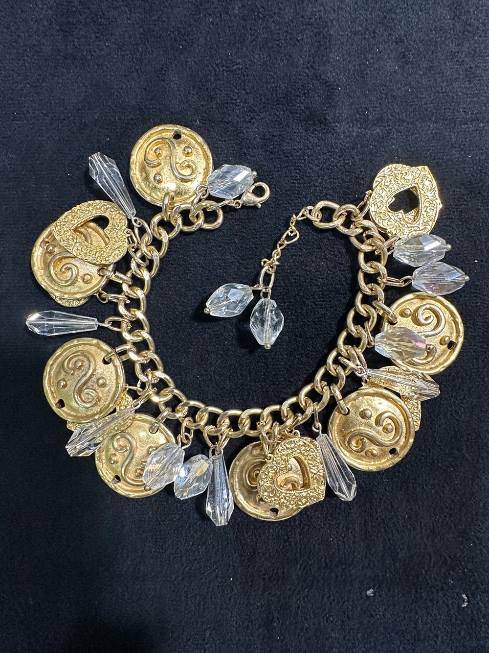 Vtg: UpCycled Edouard Rambaud, Glass Crystals & Hearts Charm Bracelet